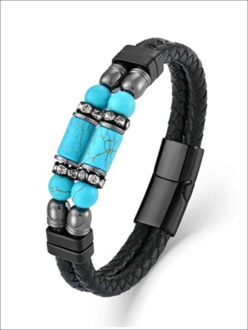 Mens Turquoise Leather Braided Bracelet Cuff Charm Beaded Wristband
